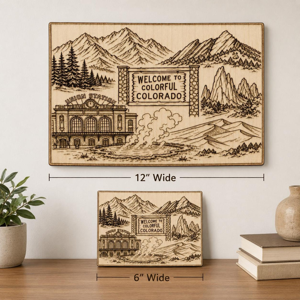 Additional view of Colorado Engraved Birch Wood Wall Art Mountain Landscape Travel Sign, showing the natural birch grain and engraved artwork.