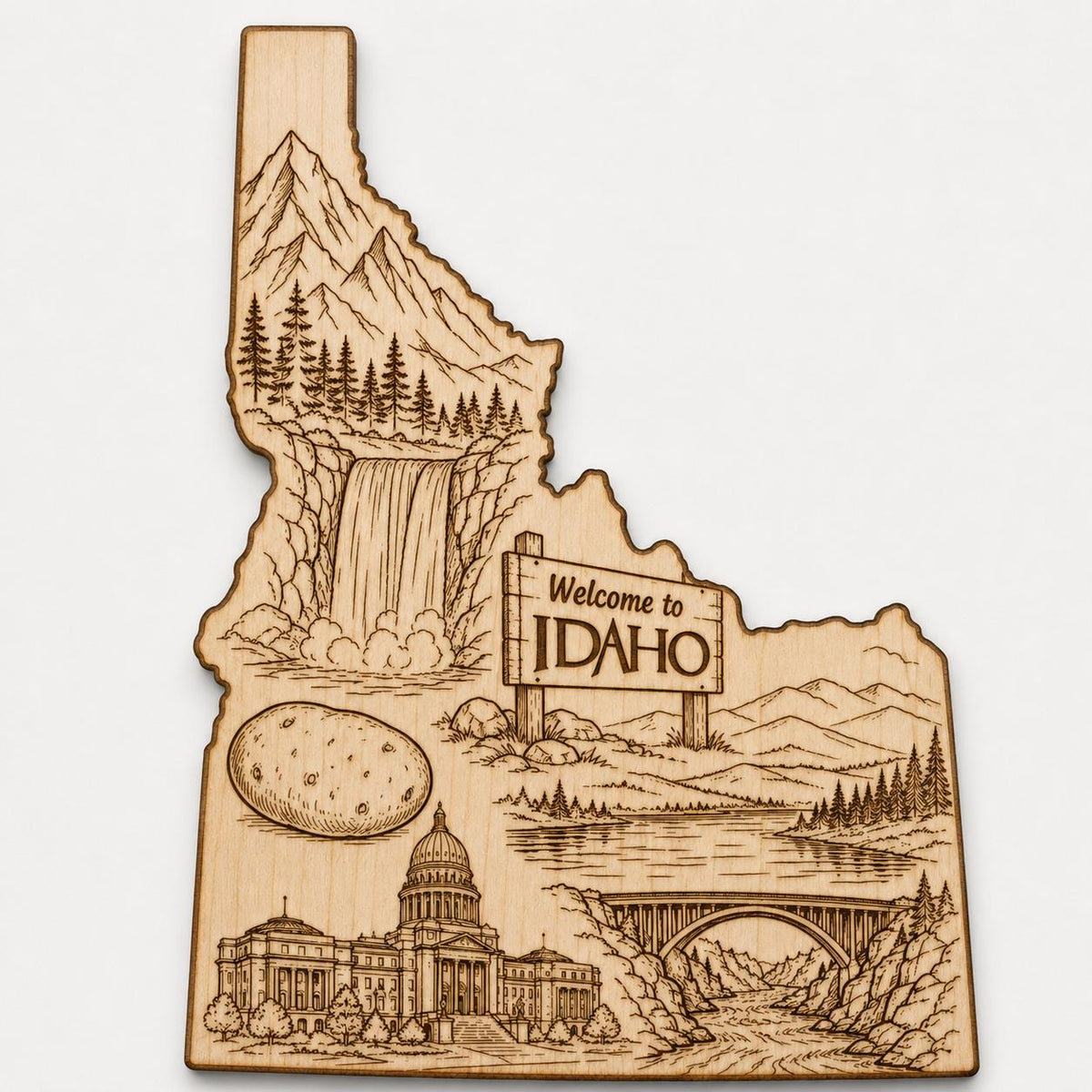 Front close-up of Engraved Idaho State Wood Art Rustic Birch Wall Plaque Mountain Waterfall Decor, showing dark engraving on natural birch wood.