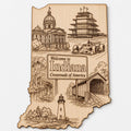Front close-up of Indiana Wood Wall Art Engraved State Landmark Sign Crossroads of America Decor, showing dark engraving on natural birch wood.