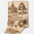 Front close-up of Indiana Wood Wall Art Engraved State Landmark Sign Crossroads of America Decor, showing dark engraving on natural birch wood.