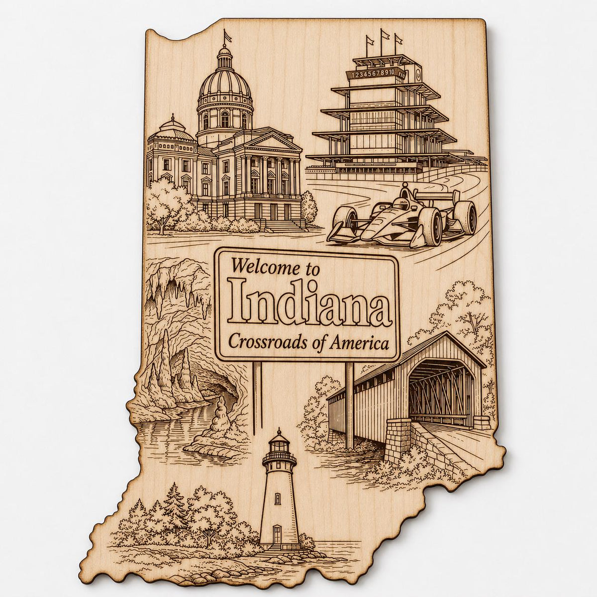 Front close-up of Indiana Wood Wall Art Engraved State Landmark Sign Crossroads of America Decor, showing dark engraving on natural birch wood.