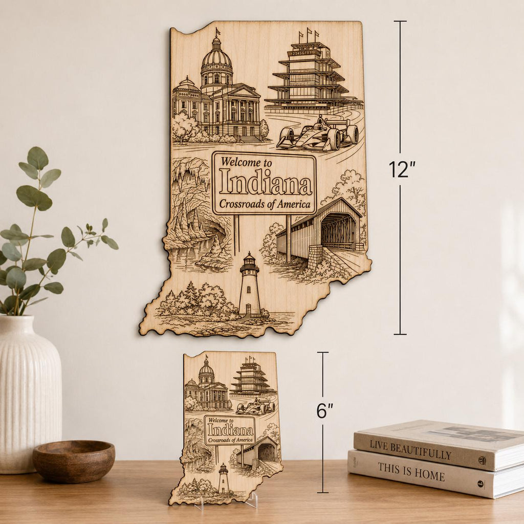 Additional view of Indiana Wood Wall Art Engraved State Landmark Sign Crossroads of America Decor, showing the natural birch grain and engraved artwork.
