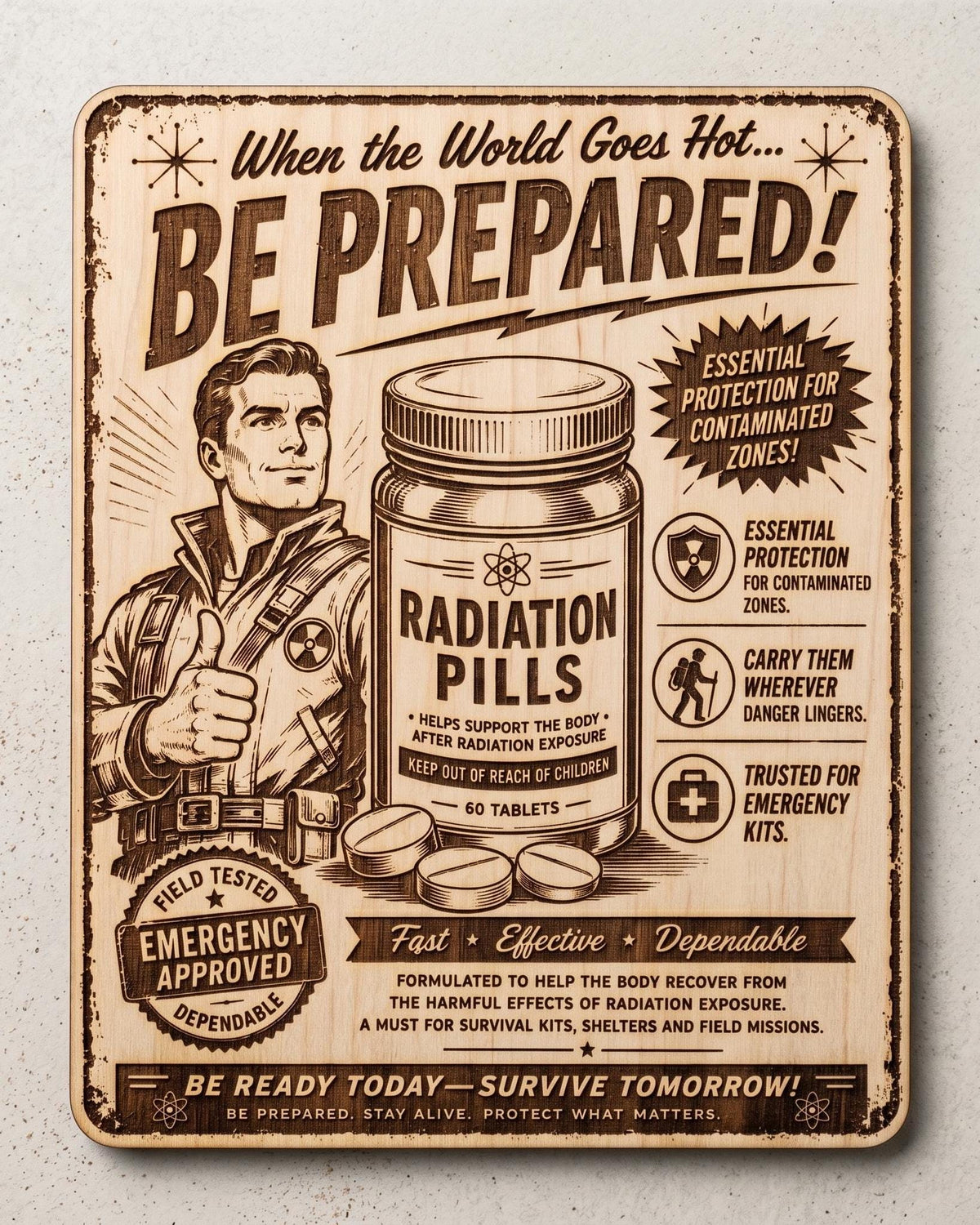 Retro Apocalypse Radiation Pills Sign, Funny Survival Bunker Wall Art, Engraved Birch Decor, shown in the main close-up listing view with its overall design visible.