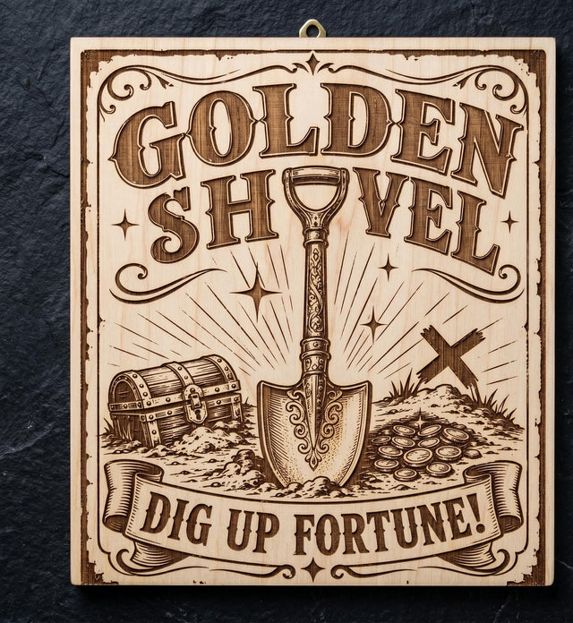 Golden Shovel Wood Sign, Engraved Birch Treasure Hunter Decor, Game Room Wall Art, shown in the main close-up listing view with its overall design visible.