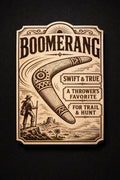 Vintage Boomerang Wall Art, Engraved Birch Adventure Sign, Western Style Desk or Wall Decor, shown in the main close-up listing view with its overall design visible.