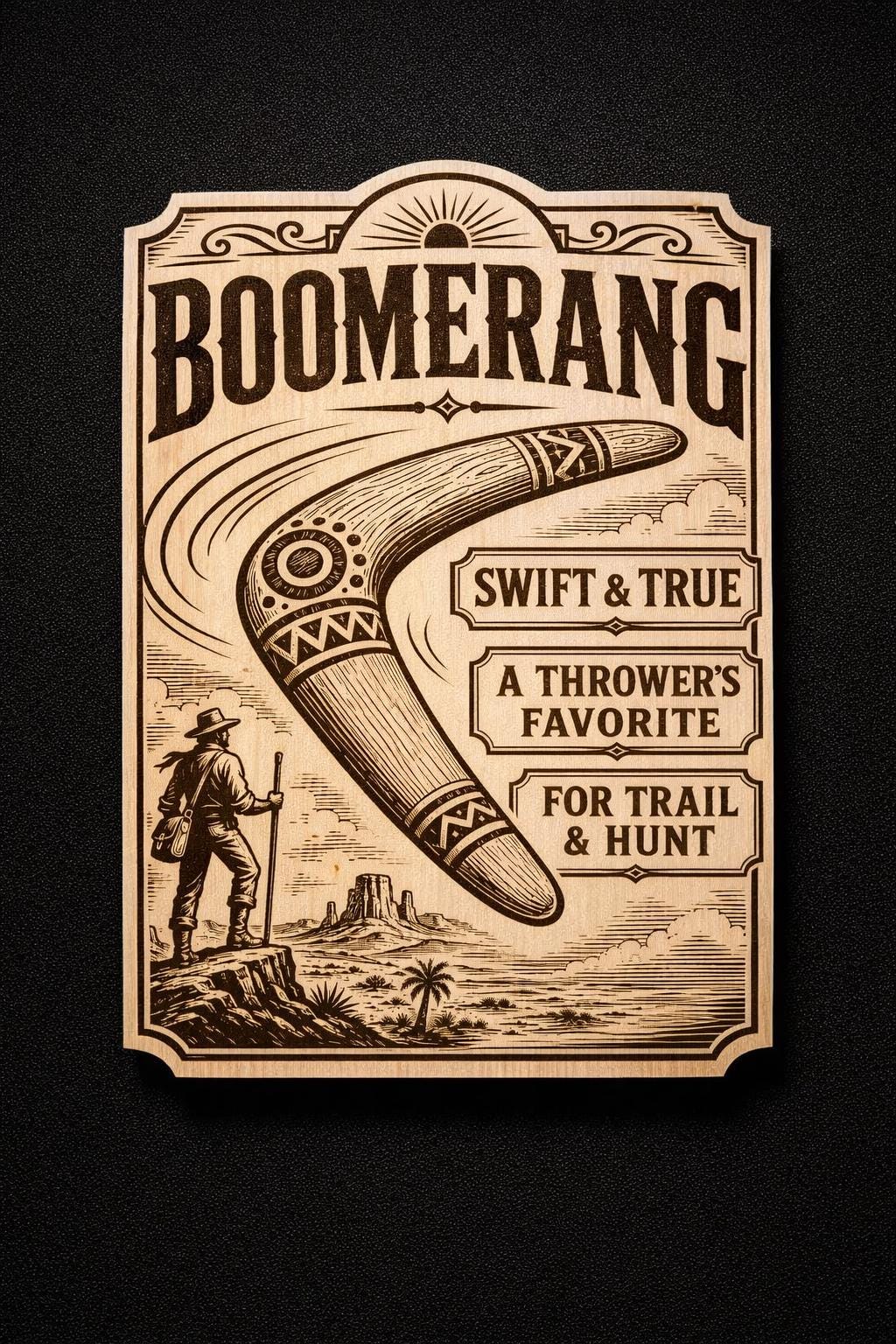 Vintage Boomerang Wall Art, Engraved Birch Adventure Sign, Western Style Desk or Wall Decor, shown in the main close-up listing view with its overall design visible.