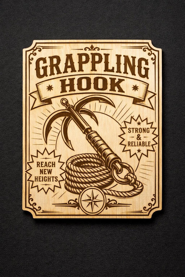 Vintage Grappling Hook Wood Sign, Fantasy Adventure Wall Decor, shown in the main close-up listing view with its overall design visible.