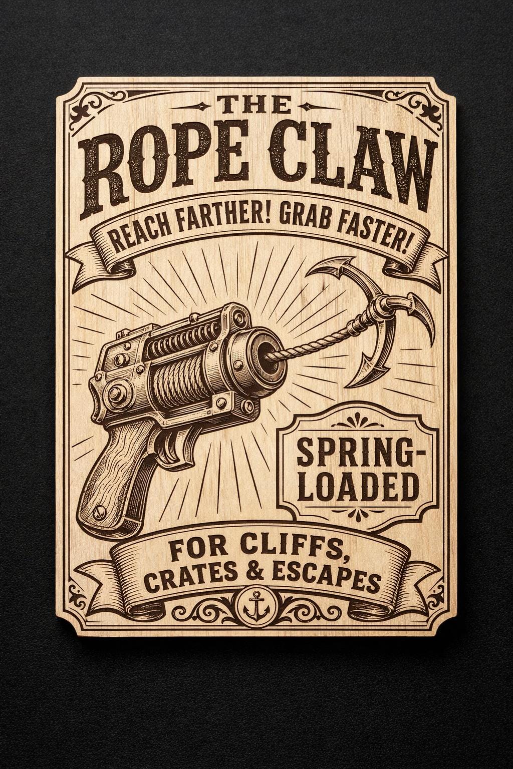 Vintage Rope Claw Sign, Fantasy Adventure Wall Decor, Engraved Birch Gamer Room Art with Stand, shown in the main close-up listing view with its overall design visible.