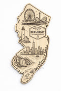 Front close-up of New Jersey Wood Wall Art State Welcome Sign Birch Wall Decor, showing dark engraving on natural birch wood.