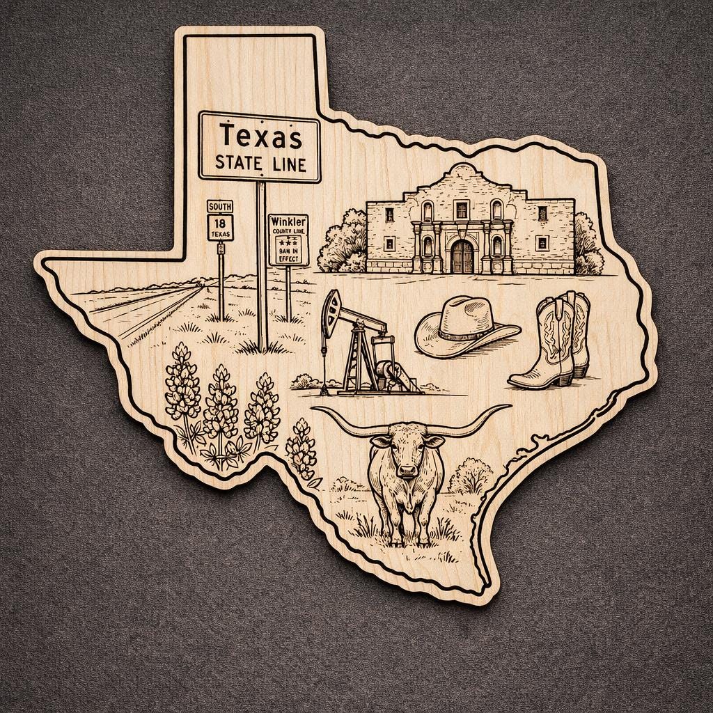 Front close-up of Texas Wood Wall Art State Welcome Sign Birch Wall Decor, showing dark engraving on natural birch wood.