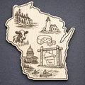 Front close-up of Wisconsin Wood Wall Art State Welcome Sign Birch Decor, showing dark engraving on natural birch wood.