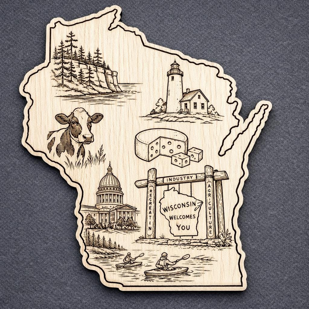 Front close-up of Wisconsin Wood Wall Art State Welcome Sign Birch Decor, showing dark engraving on natural birch wood.