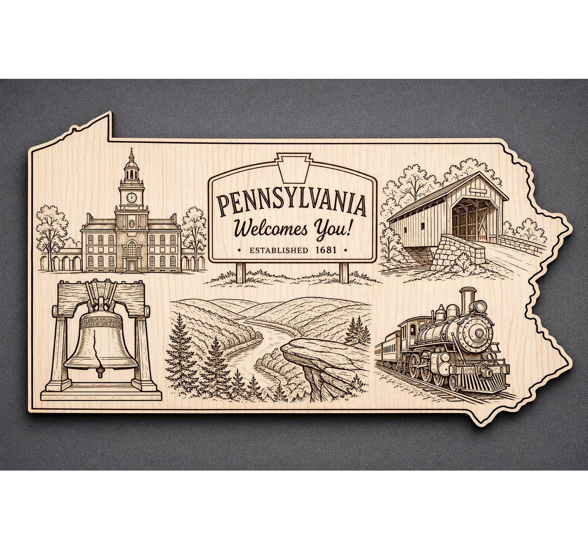 Front close-up of Pennsylvania Wood Wall Art State Welcome Sign Birch Decor, showing dark engraving on natural birch wood.