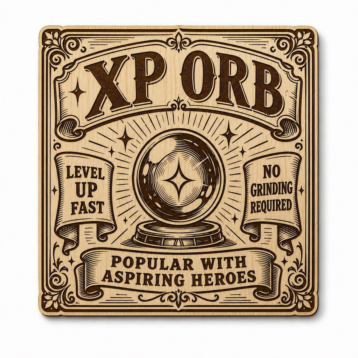 XP Orb Fantasy Wall Art, Birch Wood Game Room Sign, Level Up Decor, shown in the main close-up listing view with its overall design visible.