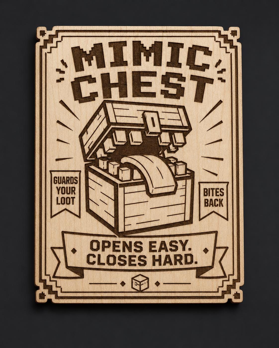 Mimic Chest Birch Wood Engraved Wall Art, Fantasy Loot Box Plaque, shown in the main close-up listing view with its overall design visible.