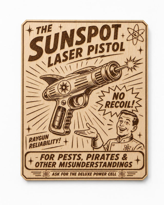 Retro Raygun Laser Pistol Birch Wall Art, Sci Fi Wood Sign, shown in the main close-up listing view with its overall design visible.