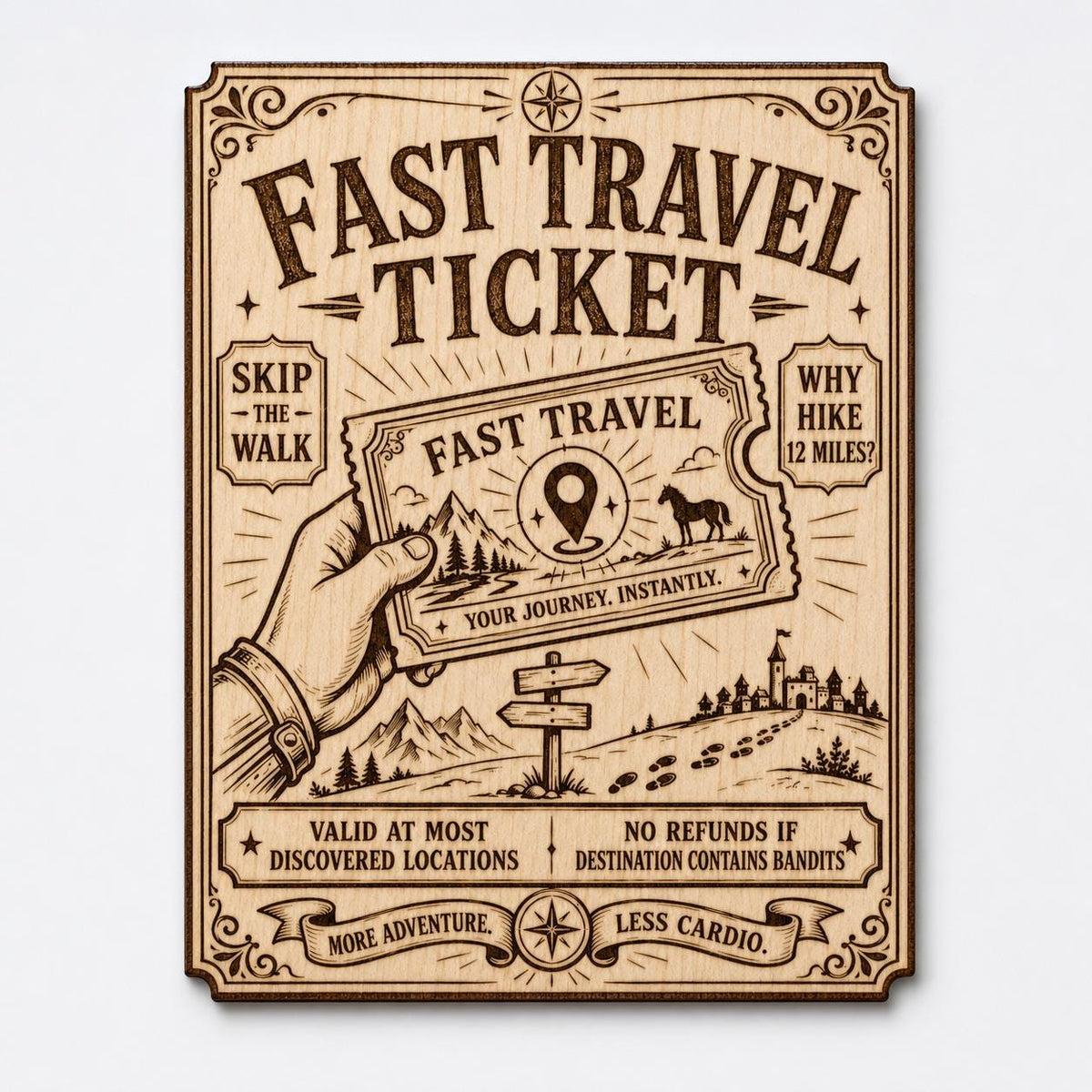 Fast Travel Ticket Wood Sign, Fantasy Adventure Gamer Wall Decor, shown in the main close-up listing view with its overall design visible.
