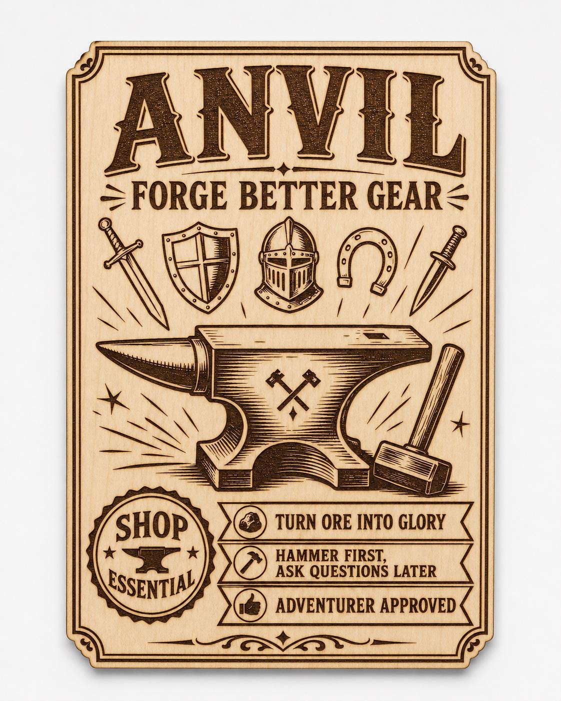 Fantasy Blacksmith Anvil Birch Wall Sign, Forge Workshop Decor, shown in the main close-up listing view with its overall design visible.