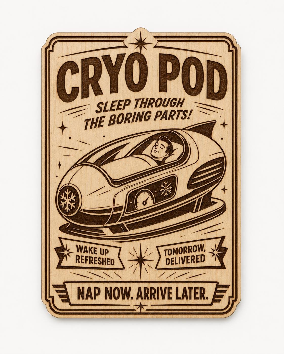 Cryo Pod Birch Wood Sign, Retro Sci Fi Sleep Pod Wall Decor, shown in the main close-up listing view with its overall design visible.