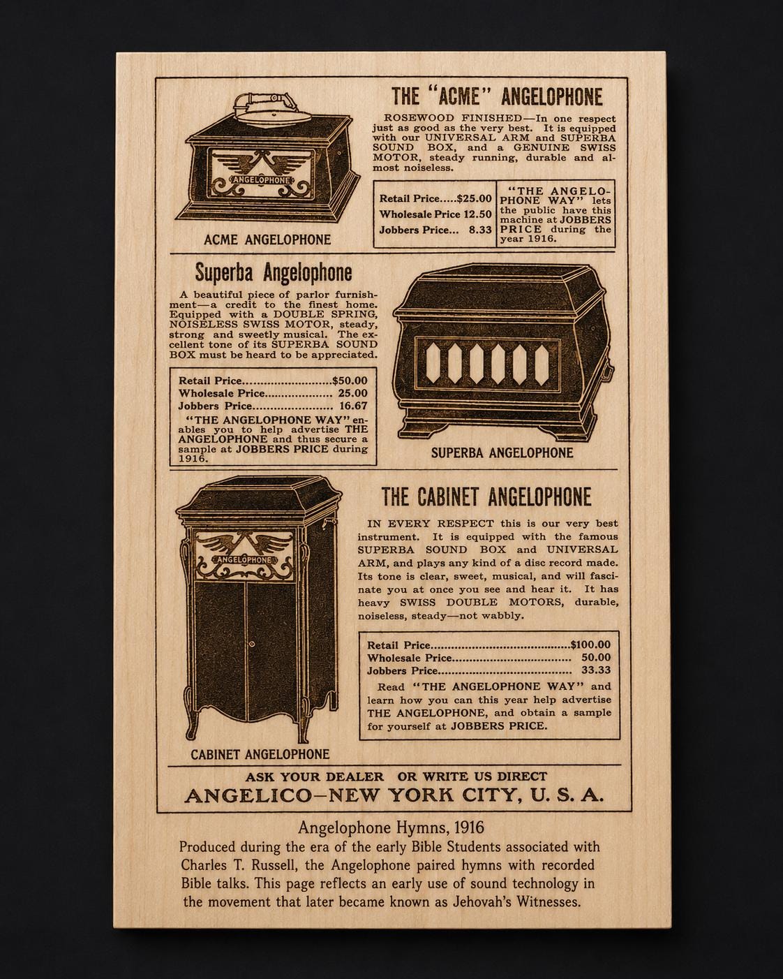 Angelophone Hymns 1916 Bible Student Wood Plaque, Historical Theocratic Inspired Birch Wall Art, shown in the main close-up listing view with its overall design visible.