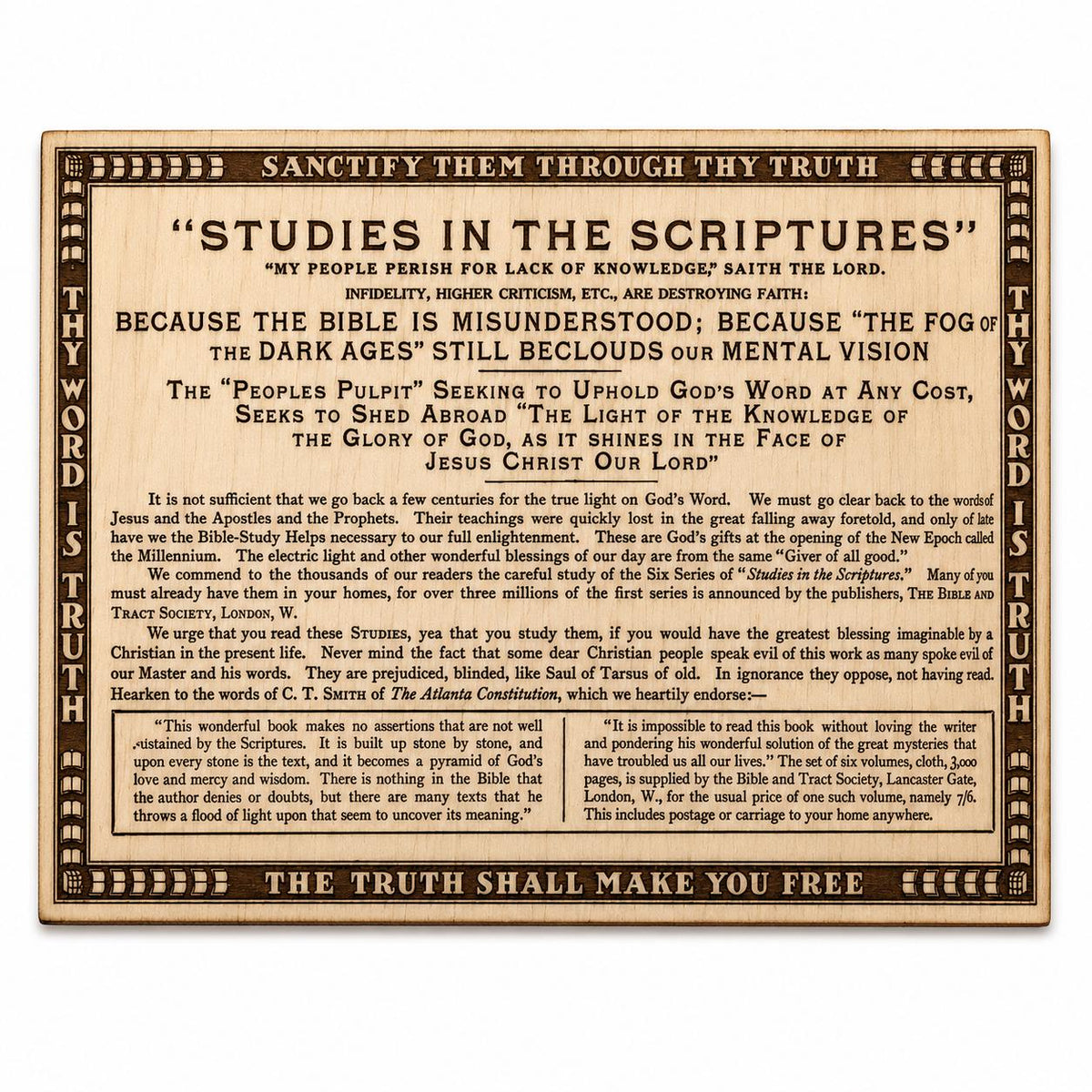 Studies in the Scriptures Broadside – Vintage Bible Students Era Birch Plaque, shown in the main close-up listing view with its overall design visible.