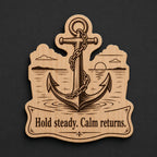 Front close-up of Anchor Wood Plaque Hold Steady Quote Sign Nautical Birch Wall Art With Calm Water Scene, showing dark engraving on natural birch wood.