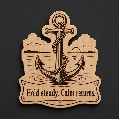 Front close-up of Anchor Wood Plaque Hold Steady Quote Sign Nautical Birch Wall Art With Calm Water Scene, showing dark engraving on natural birch wood.