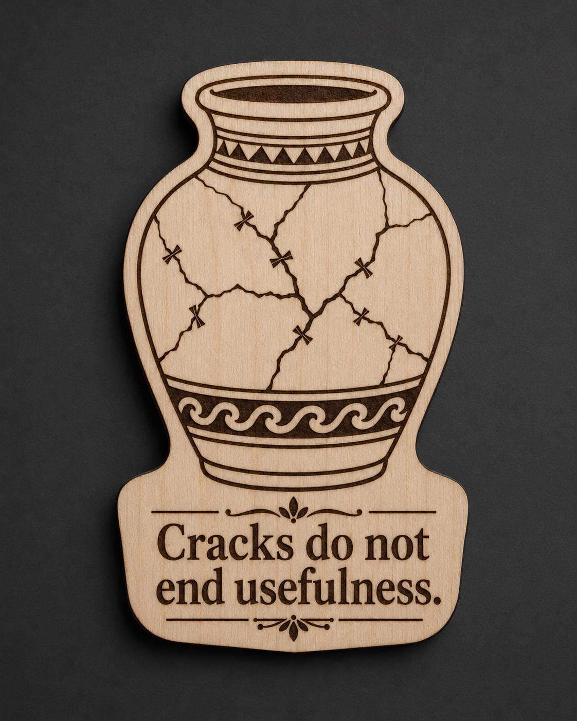 Front close-up of Repaired Clay Vessel Wood Sign Cracks Do Not End Usefulness Birch Plaque, showing dark engraving on natural birch wood.