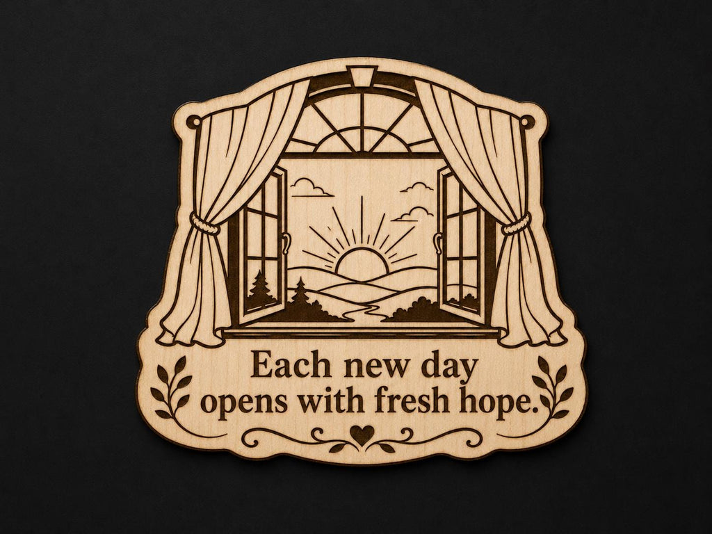 Front close-up of Open Window Sunrise Wood Plaque Fresh Hope Quote, showing dark engraving on natural birch wood.