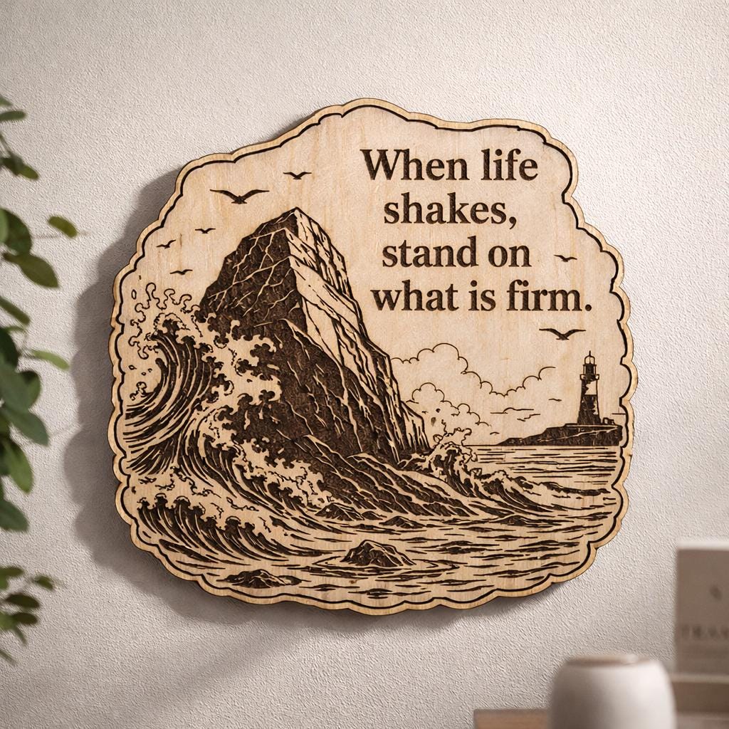 Additional view of Rock and Waves Wood Plaque Stand Firm Quote Sign Inspirational Birch Wall Art, showing the natural birch grain and engraved artwork.