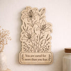 Additional view of Lily Wood Plaque You Are Cared For Quote Sign Floral Birch Wall Art With Desk, showing the natural birch grain and engraved artwork.