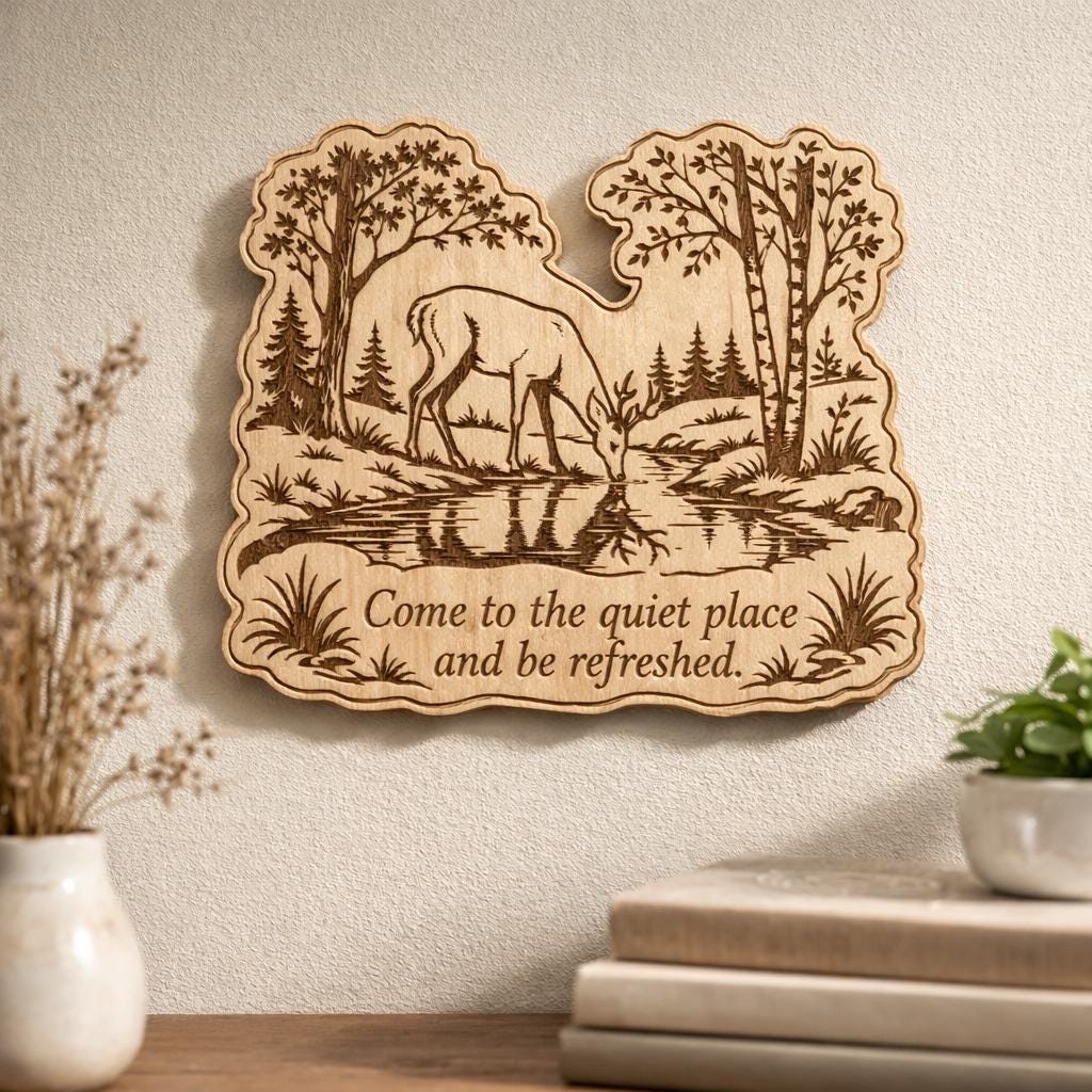 Additional view of Deer Woodland Wood Plaque Quiet Place Quote, showing the natural birch grain and engraved artwork.