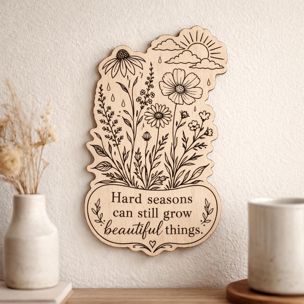 Additional view of Wildflower Wood Sign Hard Seasons Quote Birch Plaque Inspirational Floral Wall Decor, showing the natural birch grain and engraved artwork.