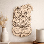 Additional view of Wildflower Wood Sign Hard Seasons Quote Birch Plaque Inspirational Floral Wall Decor, showing the natural birch grain and engraved artwork.
