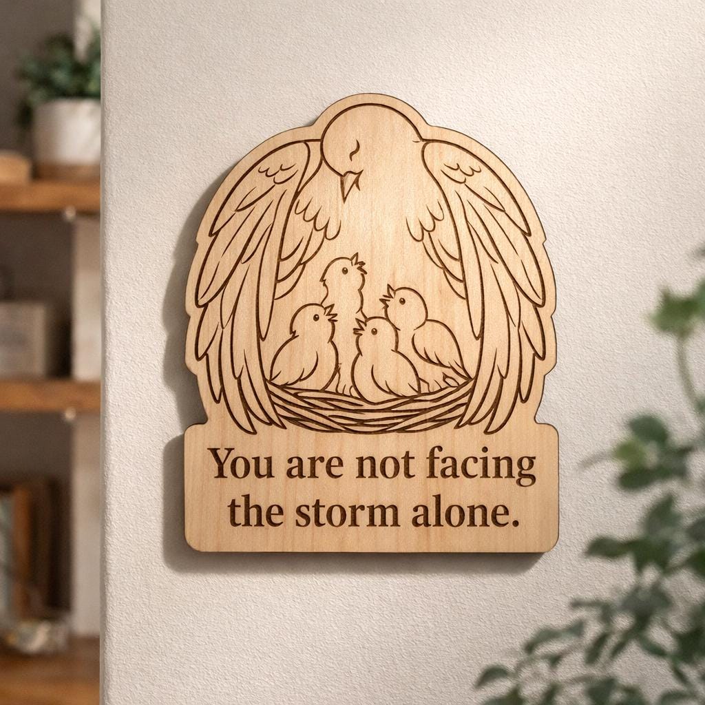 Additional view of Protective Bird Wood Plaque Encouragement Quote Sign Comforting Birch Wall Art With Nest, showing the natural birch grain and engraved artwork.