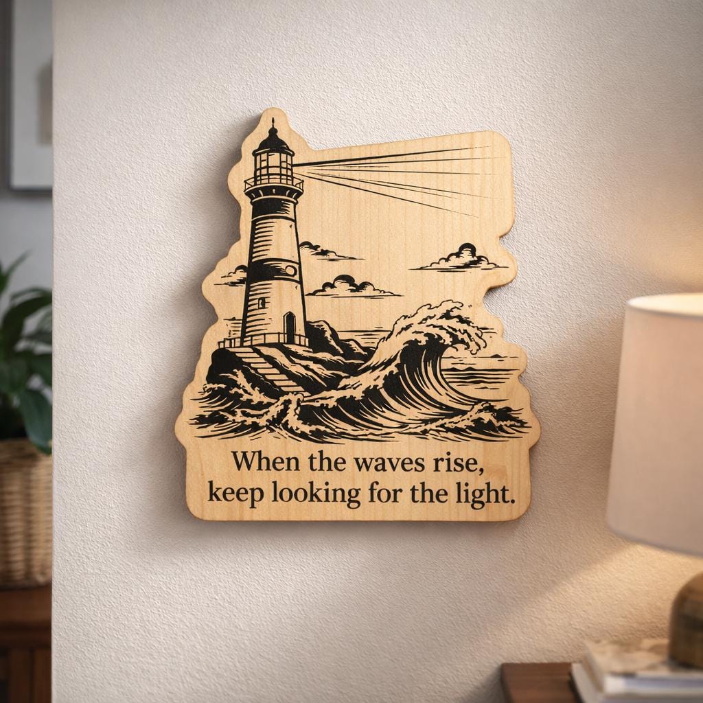 Additional view of Inspirational Ocean Wave Wall Art Keep Looking for the Light Birch Desk Sign, showing the natural birch grain and engraved artwork.