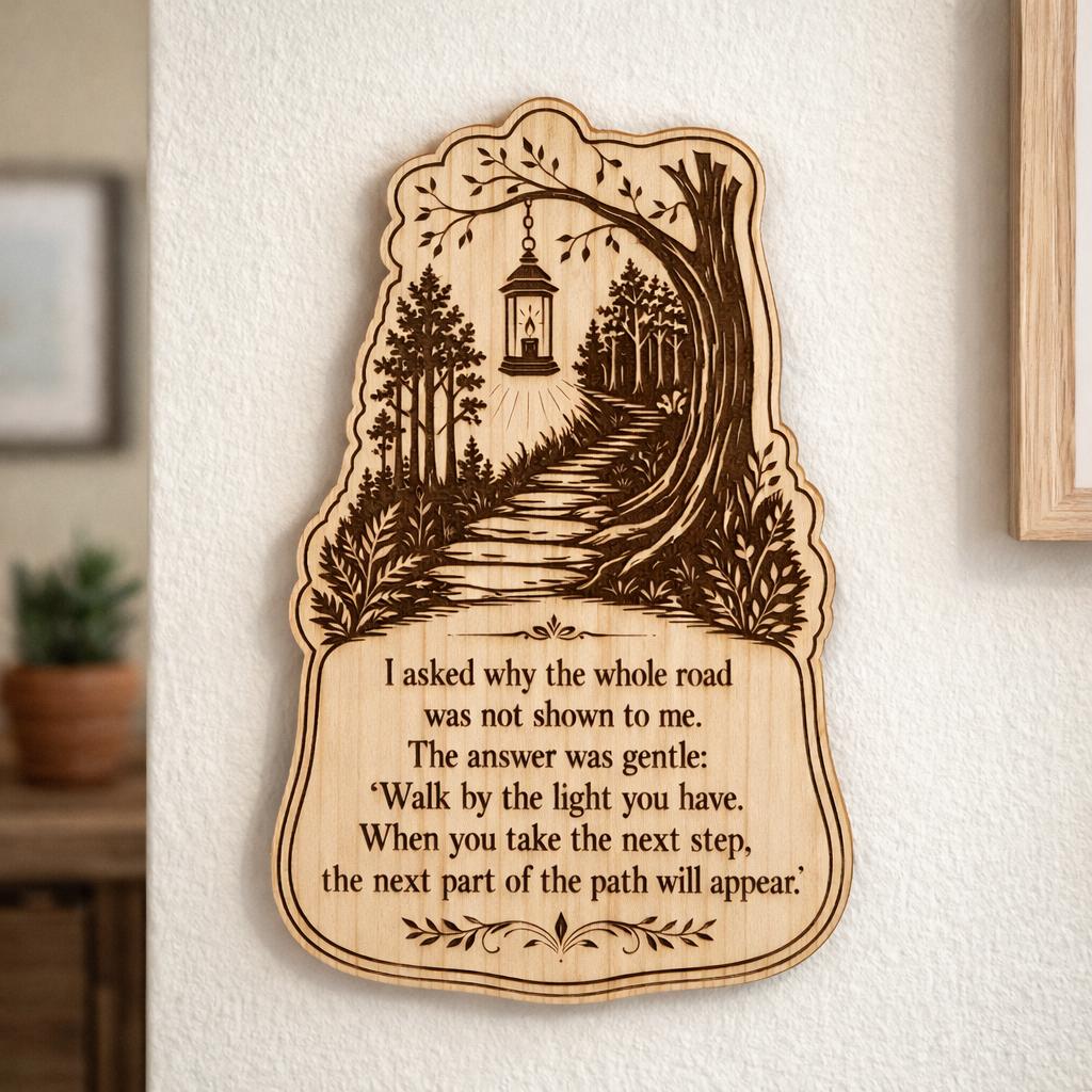Additional view of Inspirational Path Lantern Birch Plaque Encouraging Wall Art, showing the natural birch grain and engraved artwork.