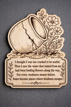 Front close-up of Inspirational Cracked Pot Birch Plaque Encouraging Wall Art, showing dark engraving on natural birch wood.