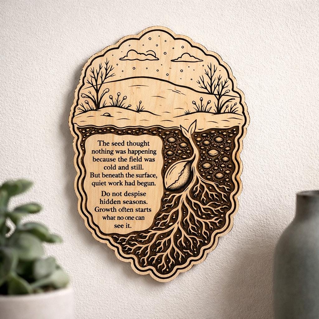 Front close-up of Hidden Growth Birch Plaque Inspirational Seed Wall Art, showing dark engraving on natural birch wood.