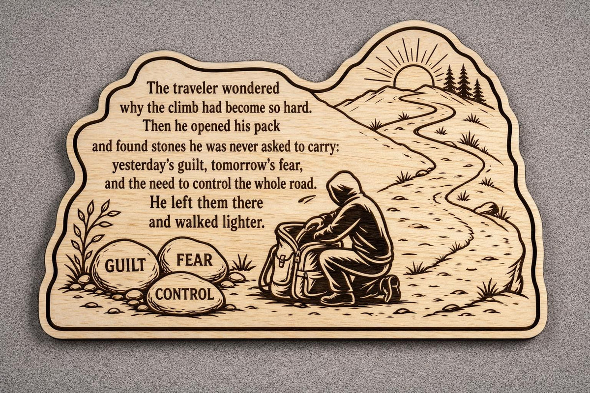 Additional view of Traveler s Burden Birch Plaque Inspirational Wall Art, showing the natural birch grain and engraved artwork.