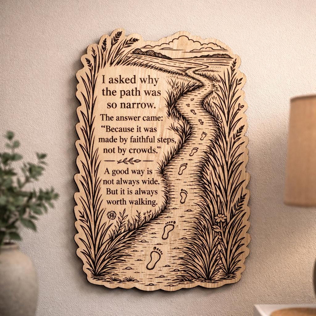 Front close-up of Narrow Path Birch Plaque Inspirational Faithful Steps Wall Art, showing dark engraving on natural birch wood.