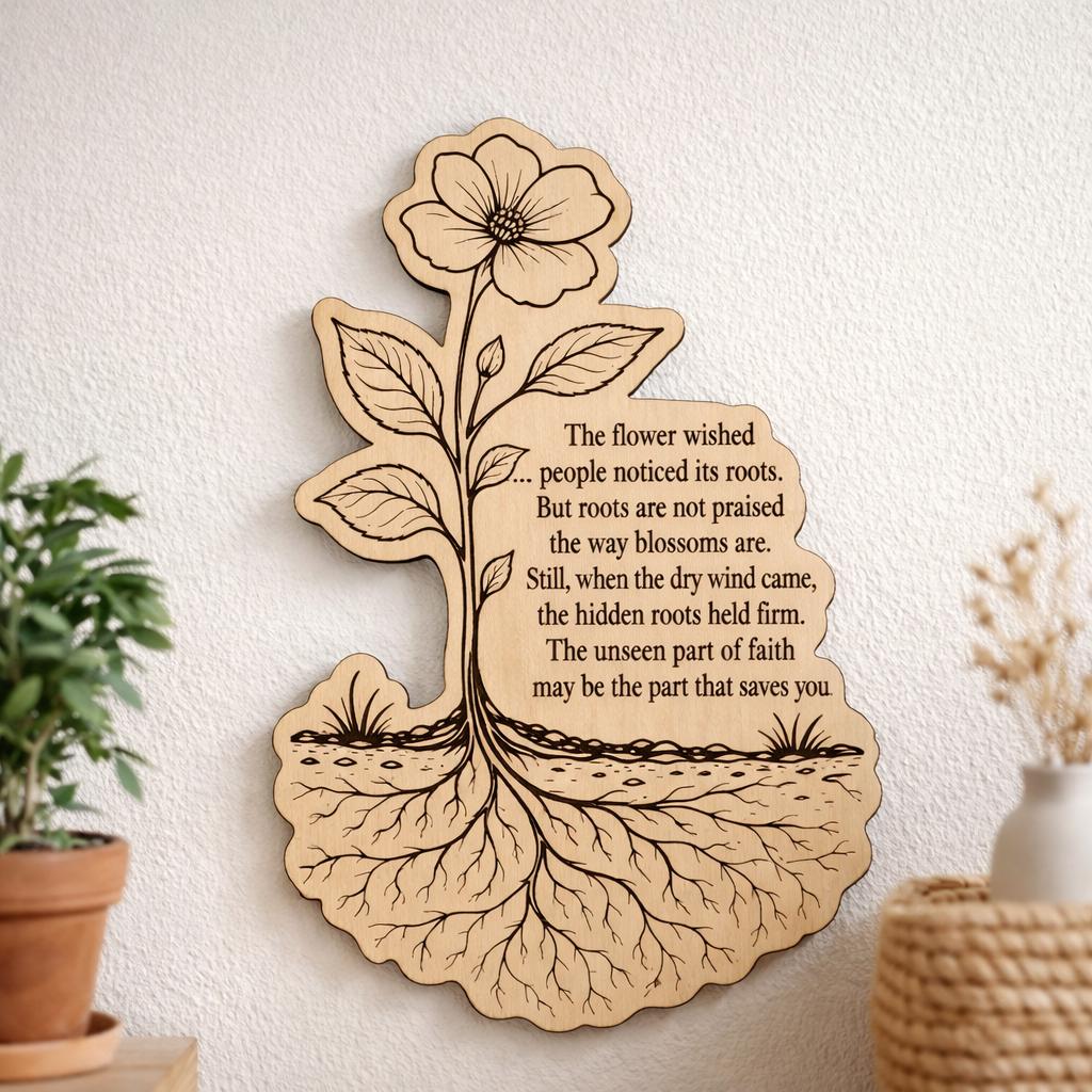Front close-up of Hidden Roots Birch Plaque Inspirational Flower Wall Art, showing dark engraving on natural birch wood.