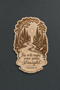 Proverbs 3:6 Wood Scripture Plaque, Forest Path Wall Decor, Birch Bible Verse Sign, shown in the main close-up listing view with its overall design visible.