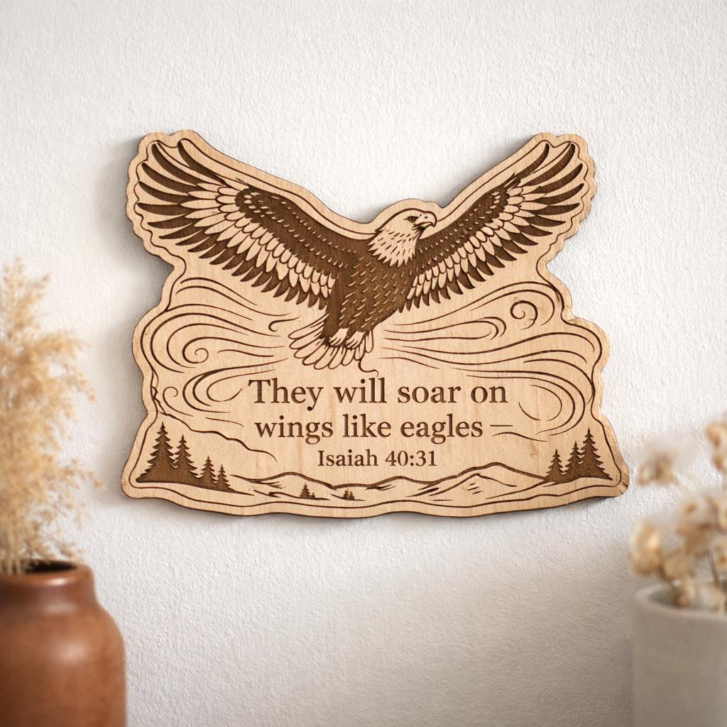 Isaiah 40:31 Wood Scripture Plaque, Eagle Wall Decor, Birch Bible Verse Sign, shown in the main close-up listing view with its overall design visible.