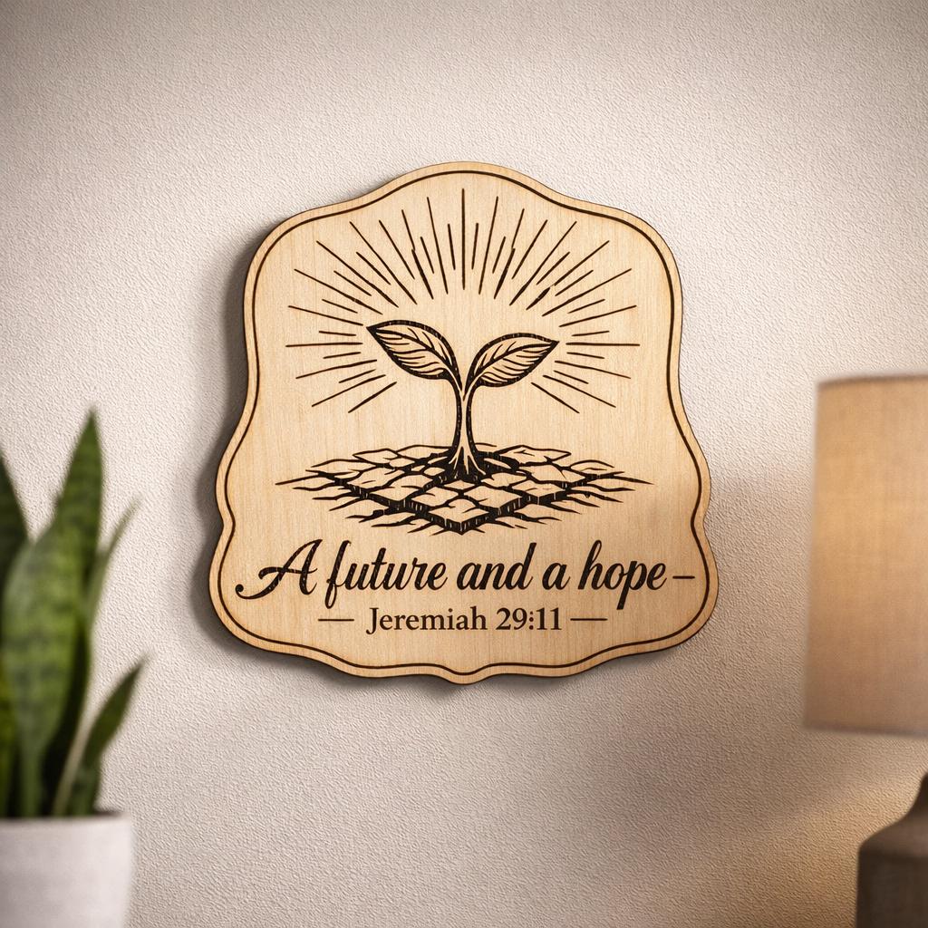 Jeremiah 29:11 Wood Scripture Plaque, Future and Hope Bible Verse Sign, Birch Wall Decor, shown in the main close-up listing view with its overall design visible.