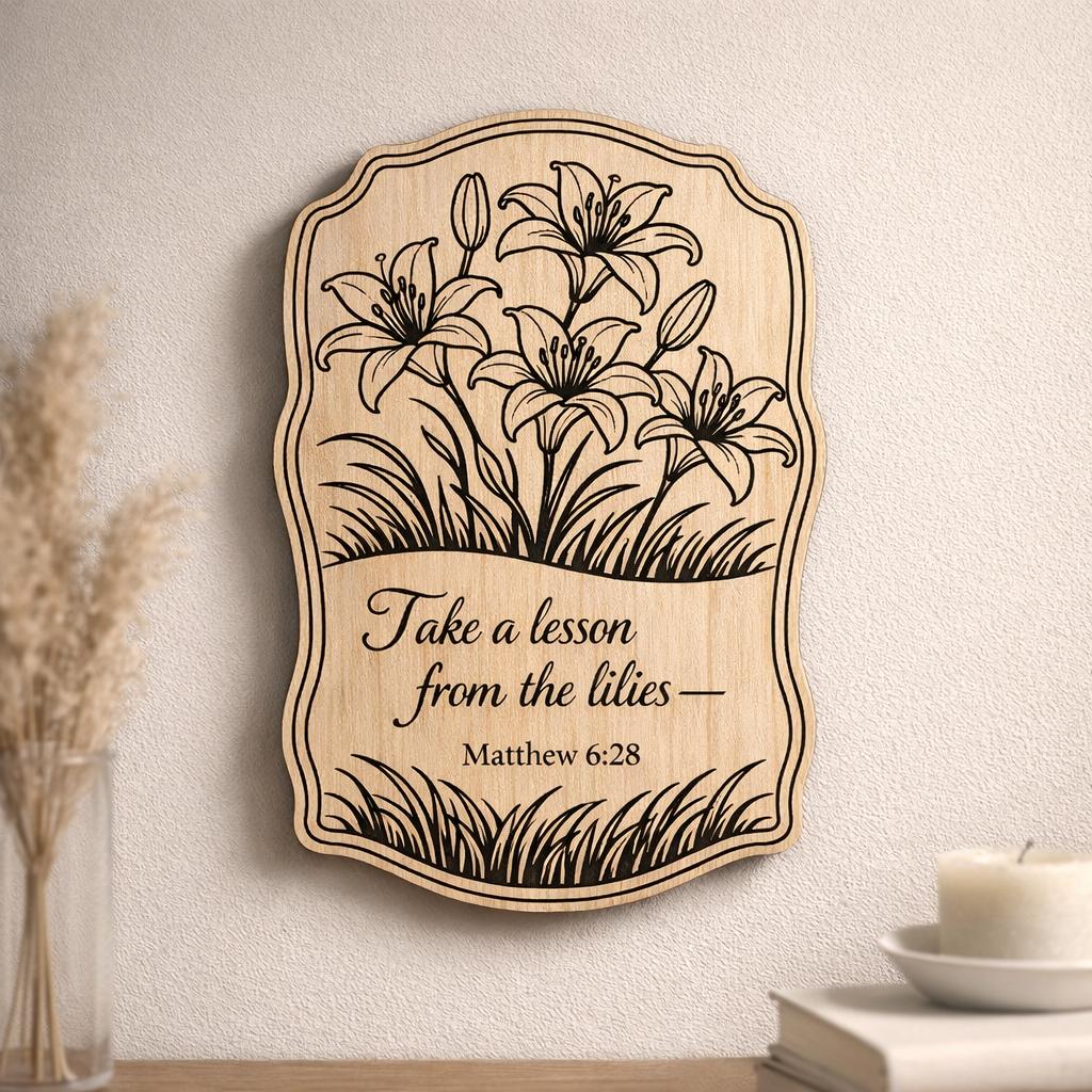 Matthew 6:28 Wood Scripture Plaque, Lilies Bible Verse Sign, Birch Floral Wall Decor, shown in the main close-up listing view with its overall design visible.