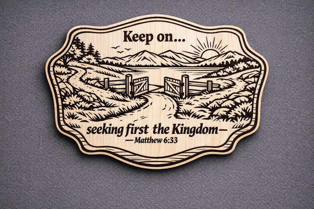 Matthew 6:33 Wood Scripture Plaque, Seek First the Kingdom Sign, Birch Wall Decor, shown in the main close-up listing view with its overall design visible.