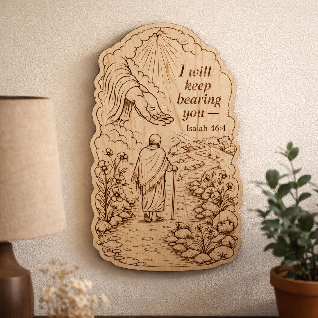 Isaiah 46:4 Wood Scripture Plaque, I Will Keep Bearing You Sign, Birch Wall Decor, shown in the main close-up listing view with its overall design visible.