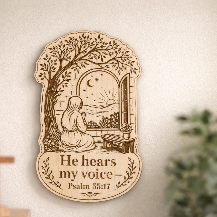 Psalm 55:17 Wood Scripture Plaque, He Hears My Voice Sign, Birch Prayer Wall Decor, shown in the main close-up listing view with its overall design visible.