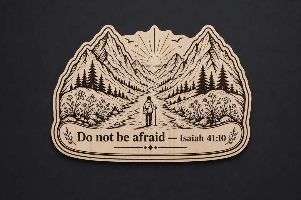 Isaiah 41:10 Wood Scripture Plaque, Do Not Be Afraid Sign, Birch Mountain Wall Decor, shown in the main close-up listing view with its overall design visible.